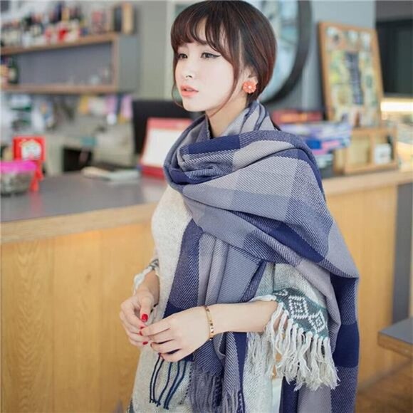 Blanket Scarf Long Plaid Women's Chunky Oversized Fall Warm Winter Grey Blue - Picture 6 of 7